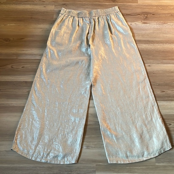 Rachel Zoe Wide leg linen pants Tan Metallic Pull on Pockets Size L Shimmer - Picture 10 of 12